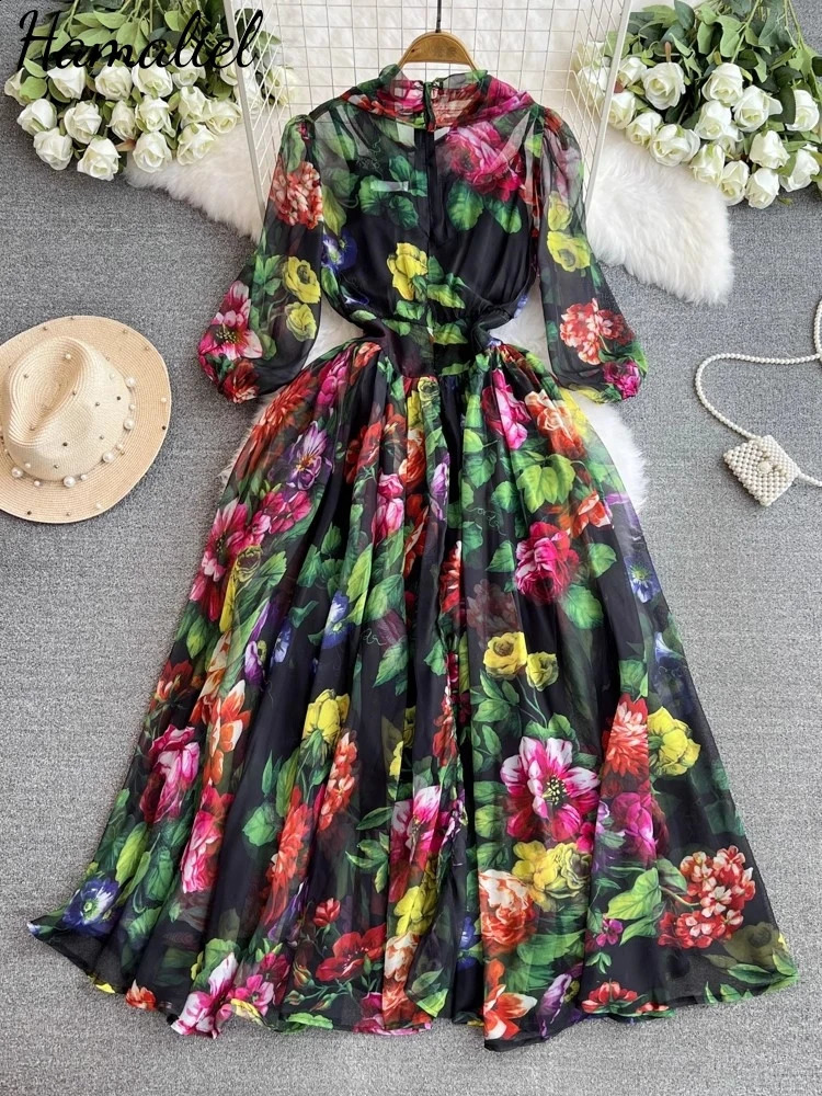 Autumn Holiday Gorgeous Flower Dress Womens Bow 13 Sleeve High Waist Printed Chiffon Long Vestidos 240828