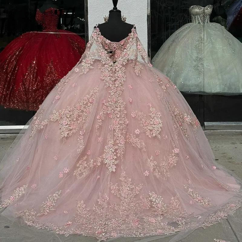 Pink 3D wers Off The Shoulder Ball Gown Quinceanera Dresses Appliques Lace Beads Tull Corset Sweet 16 Vestidos 15 Dress