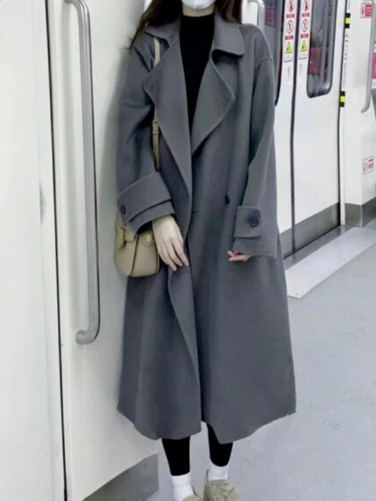 X-long blend womens solid elegant jacket Korean style comfortable office womens classic fully matched Harajuku clothing daily trend fashion autumn 240