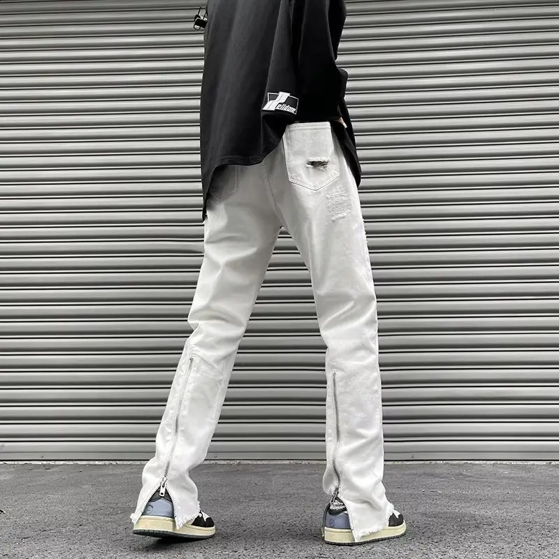 Y2K Streetwear Zipper Black Ripped Stacked Jeans Pants For Men Clothing Straight Hip Hop Goth Long Trousers Pantalon Homme 240828