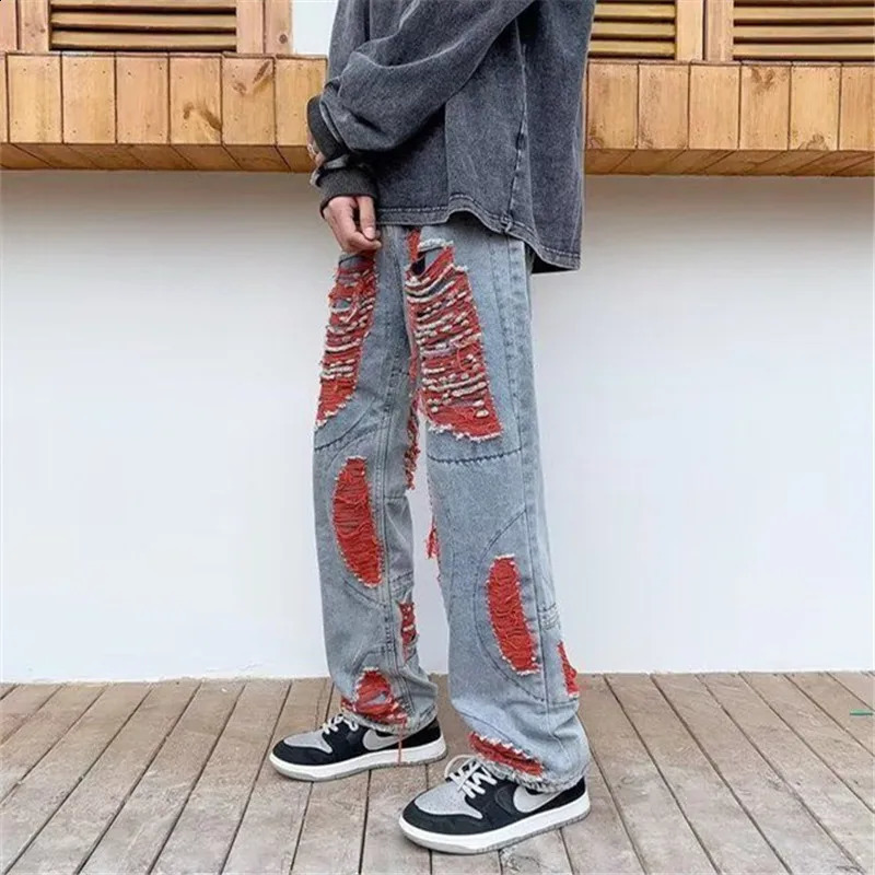 Hip Hop Ripped Jeans Mens clothing High Street Y2K Loose Straight Pants Button Pocket Spring Summer Trousers A047 240828