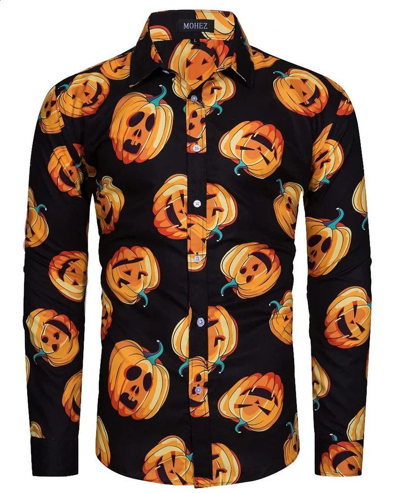 Halloween long sleeved mens pumpkin head printed shirt trend party costume mens street casual long sleeved top 240829