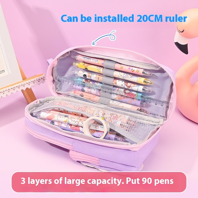 Pen bags popular, large capacity stationery storage bags, high aesthetic value, elementary school students decompression, double-layer cute pencil cas