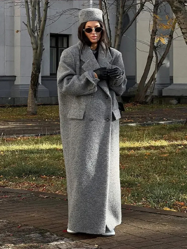 Elegant double-layer pocket long sleeved coat for womens gray back split collar wool coat womens street coat 240828