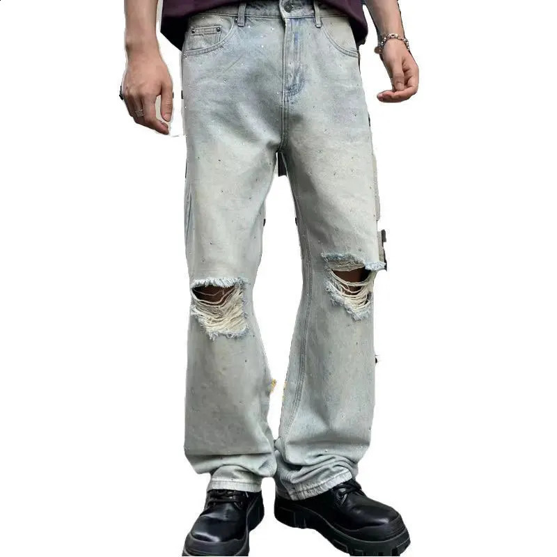 Flash diamond Ripped Baggy Mens Jeans Vintage Crystal Blue Full Denim Pants Straight Leg Trousers For Male 240828