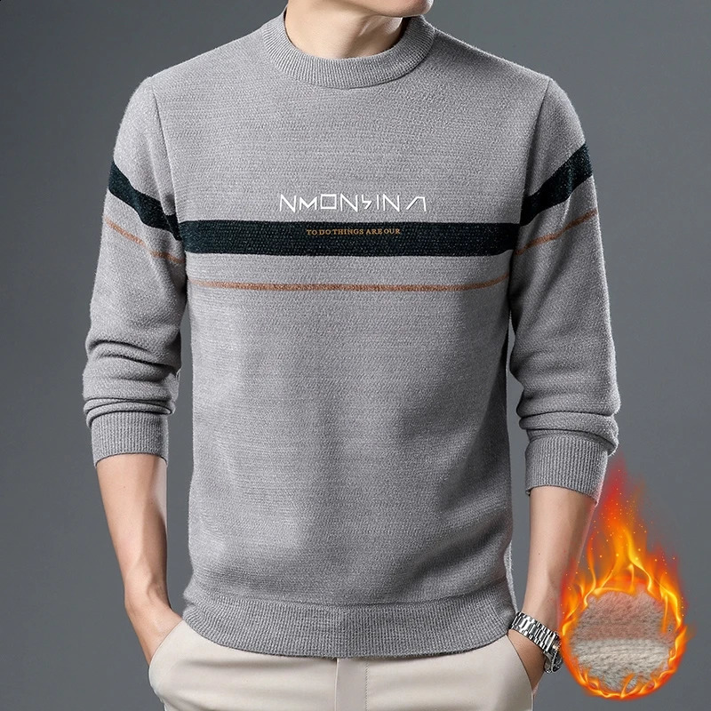 Mens thick faux fur sweater round neck and letter print autumn winter mink and velvet long sleeved casual top 240829