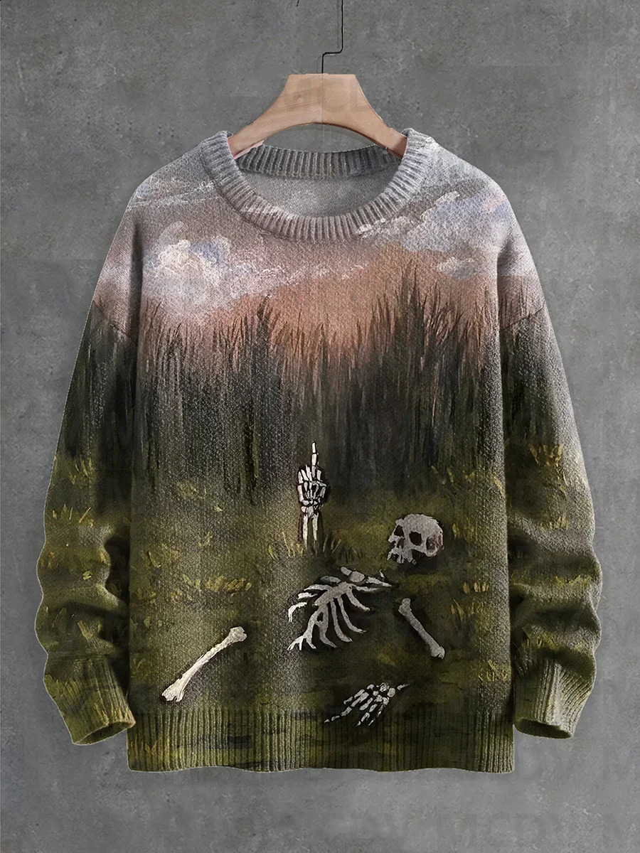 Interesting Skeleton Sunflower Art Halloween Printed Knitted Pullover Sweater for Women and Men 240829