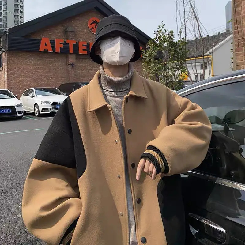 Winter contrasting color lapel jacket mens velvet thick versatile loose large-sized casual wool coat k clothing 240829