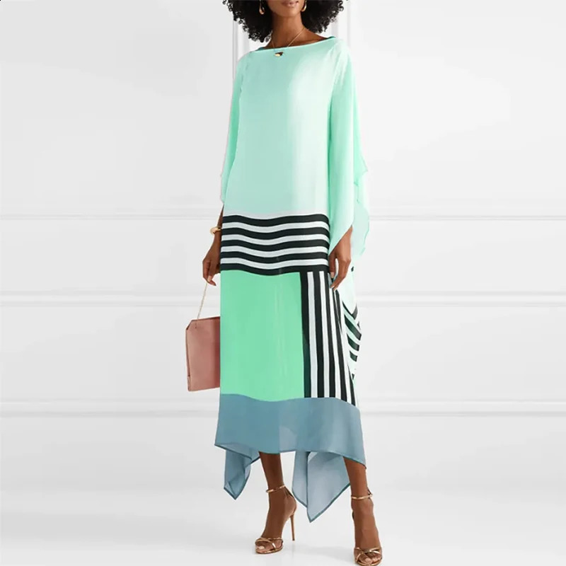 Candy Stripe Print Patchwork Kaftan Dress Womens Spring Round Neck Irregular Long Summer Bat Sleeve Bohemian 240828