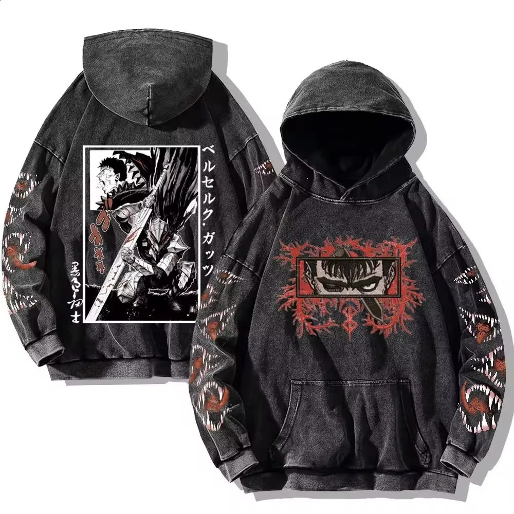 Mens Berserk Hoodies Gothic Print Vintage Washed Hoodie Hip Hop Streetwear Cotton Sweatshirts Harajuku Casual Hooded Pullover 240829 - view 3