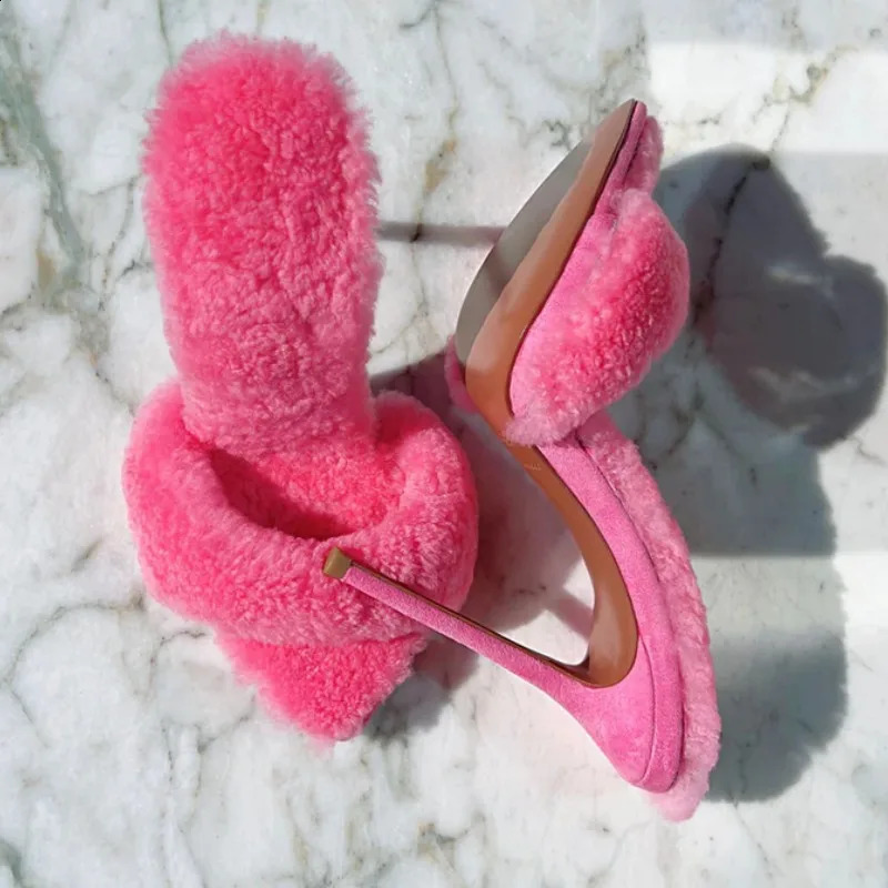 Runway super high heel slider womens sliding back oversized shoes sexy leather toe fur dress sliding party womens sandals 240827