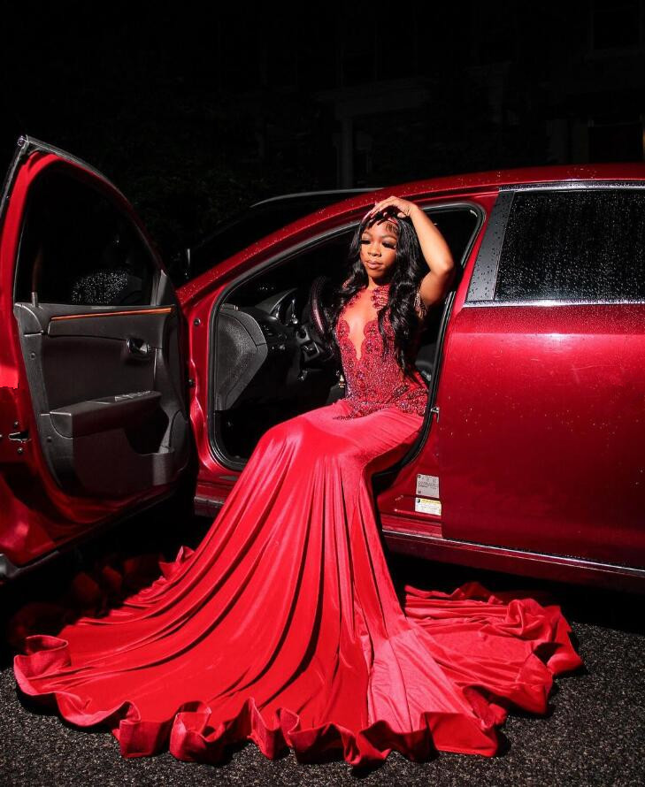 Red Luxury Mermaid Prom Gala Dresses for Black Girl Sparkly Diamond Crystal Tassel Long Evening Reception Party Gown Outfit