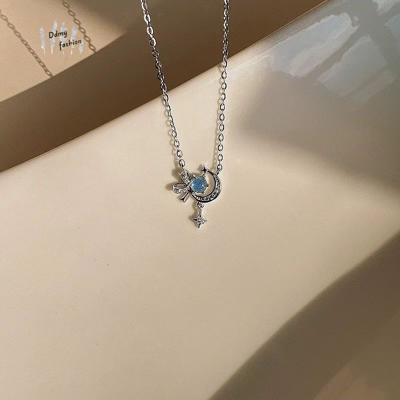 S999 pure sier moonstone star moon bow necklace for women's fashion, high-end, niche, new Valentine's Day gift F08.30-5.8 7fad1