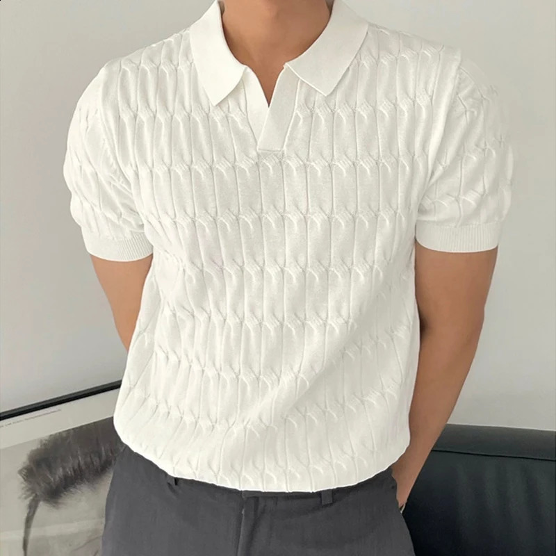 knitted polo shirt mens ultrathin slim fit solid short sleeved summer trend highend Tshirt 240828