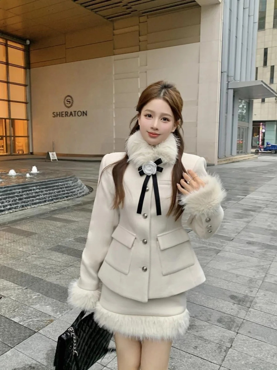 UNXX coarse woolen fur collar coat rich heiress set womens office ladies autumn and winter pencil skirt twopiece short sleeved dress 240828