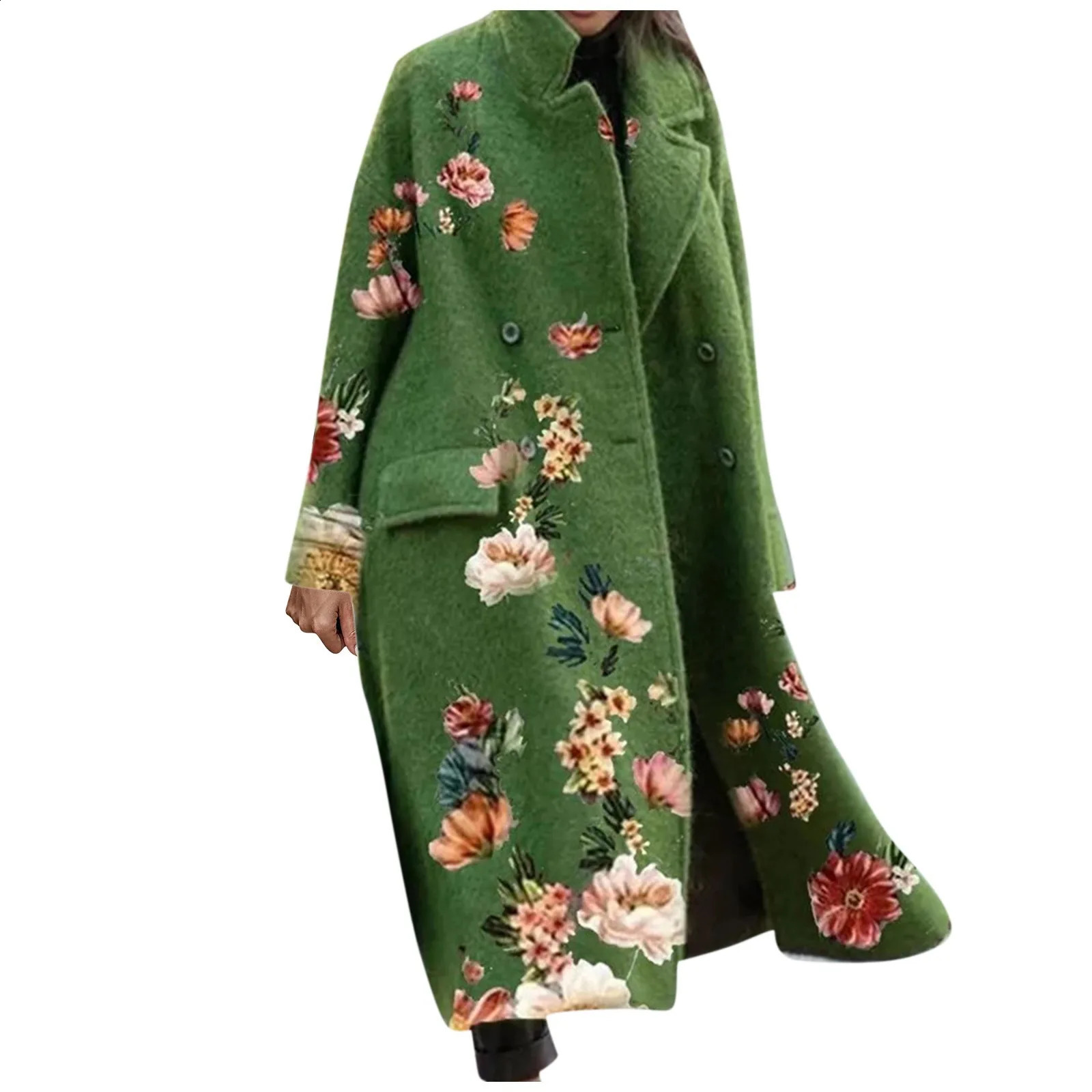 Womens wool coat fashionable casual long sleeved lapel coat retro floral print double chest coat green 240828