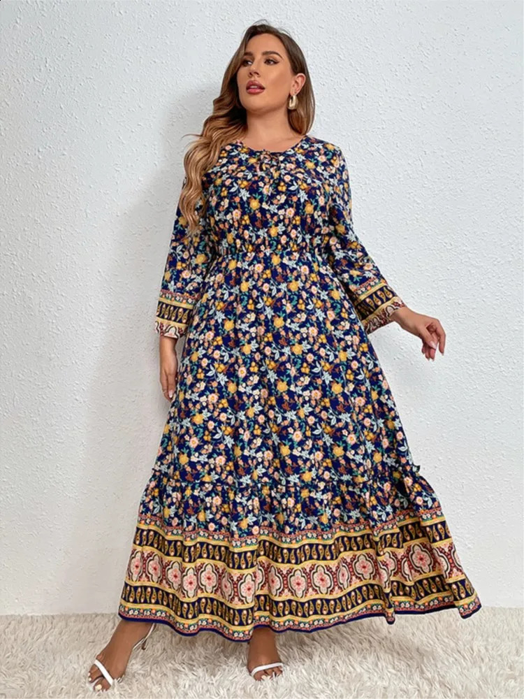 Plus size summer long floral dress for women with stripes and printed sleeves casual loose fashionable womens 240828