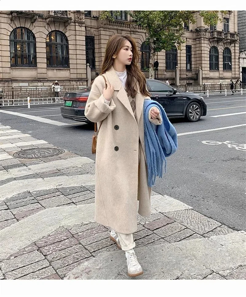 Pink wool coat womens medium long autumn and winter item Korean version loose fit and version Hepburn style small wool coat 240828