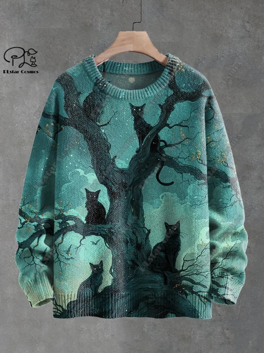 3D Printing Halloween Custom Series Horror Ghost Skull Witch Black Cat Pattern Ugly Sweater Street Casual Winter Sweater W-10 240829