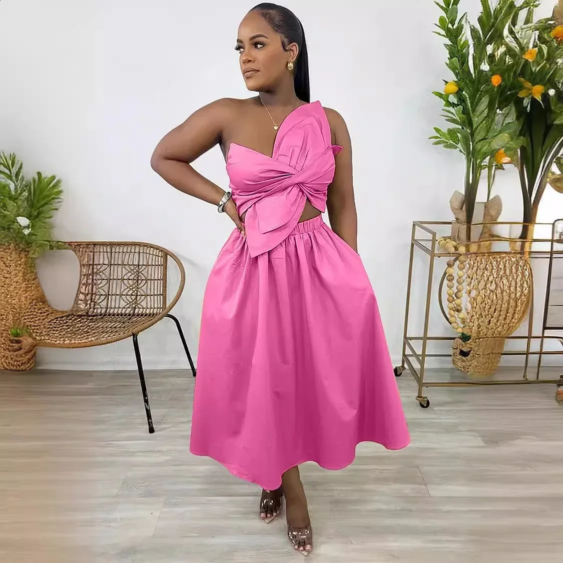 CM.YAYA Women Big Petal Front Strapless Midi Long Dress Summer Street Vestidos Sexy Party Evening Chic Big Swing Dresses 240828