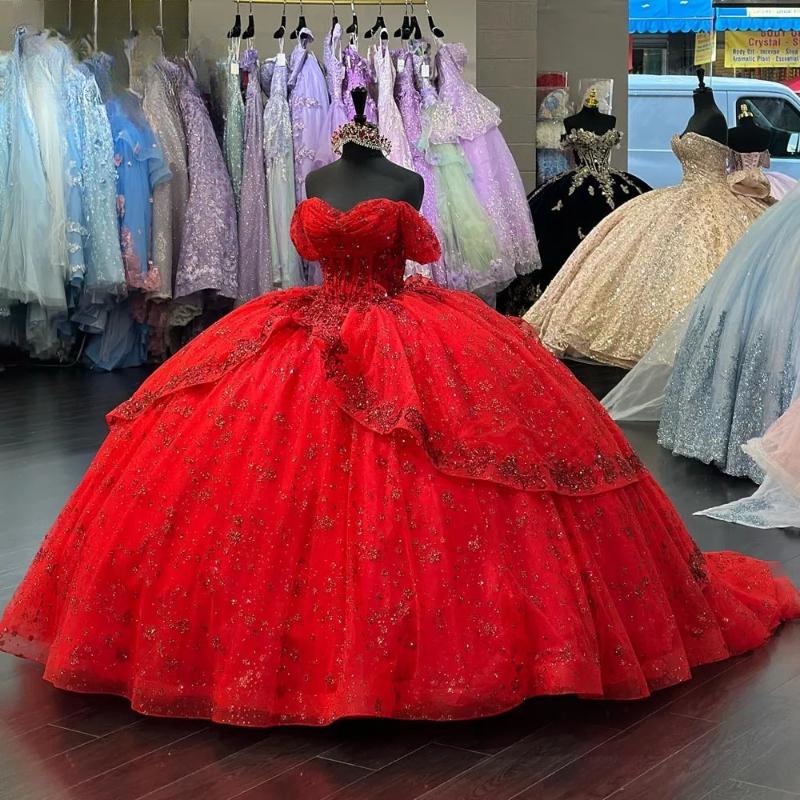 Red Quinceanera Dresses Off The Shoulder Sequin Appliqued Lace Beads Tull Birthday Party Girl Vestidos De 15 Anos Sweet 16 Dress