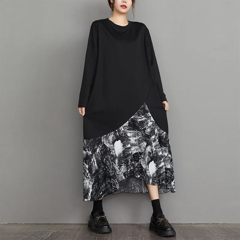 Wxw3347 Black Asymmetric Ruffle Midi Dress Womens Loose Long Sleeve Cotton Patch Work Aline 240828