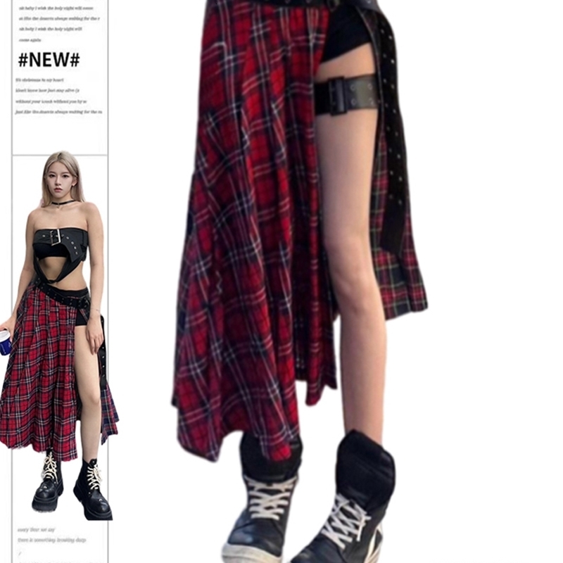 Womens red checkered A-Line skis Y2k Harajuku Korean long style skis retro streetwear aesthetic skis 2000s oversized summer clothing 240828