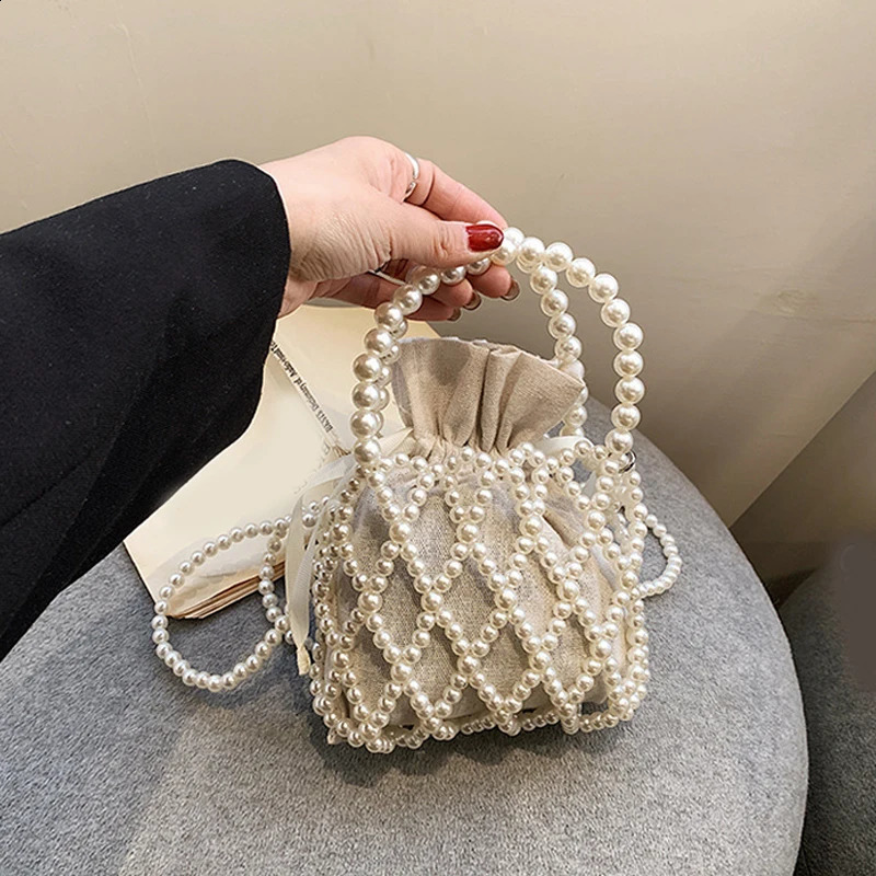 Pearl Women Bucket Tote Bag Woven Pearl Crossbody Bags for Women Small Wallet Handbag Casual Drawstring Female Coin Purse 240829