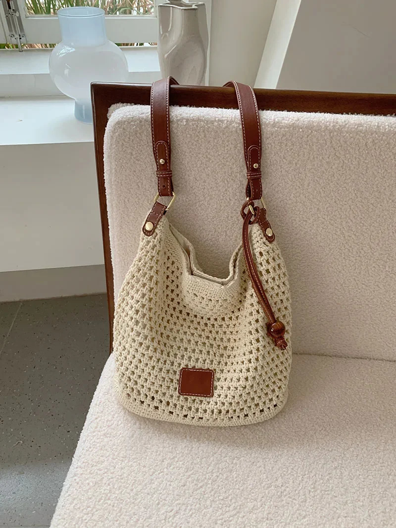 Knitted Hollow Out Womens Bucket Shoulder Bag Large Capacity Female Beach Crossbody Bags Seaside Travel Ladies Tote Handbags 240828Z