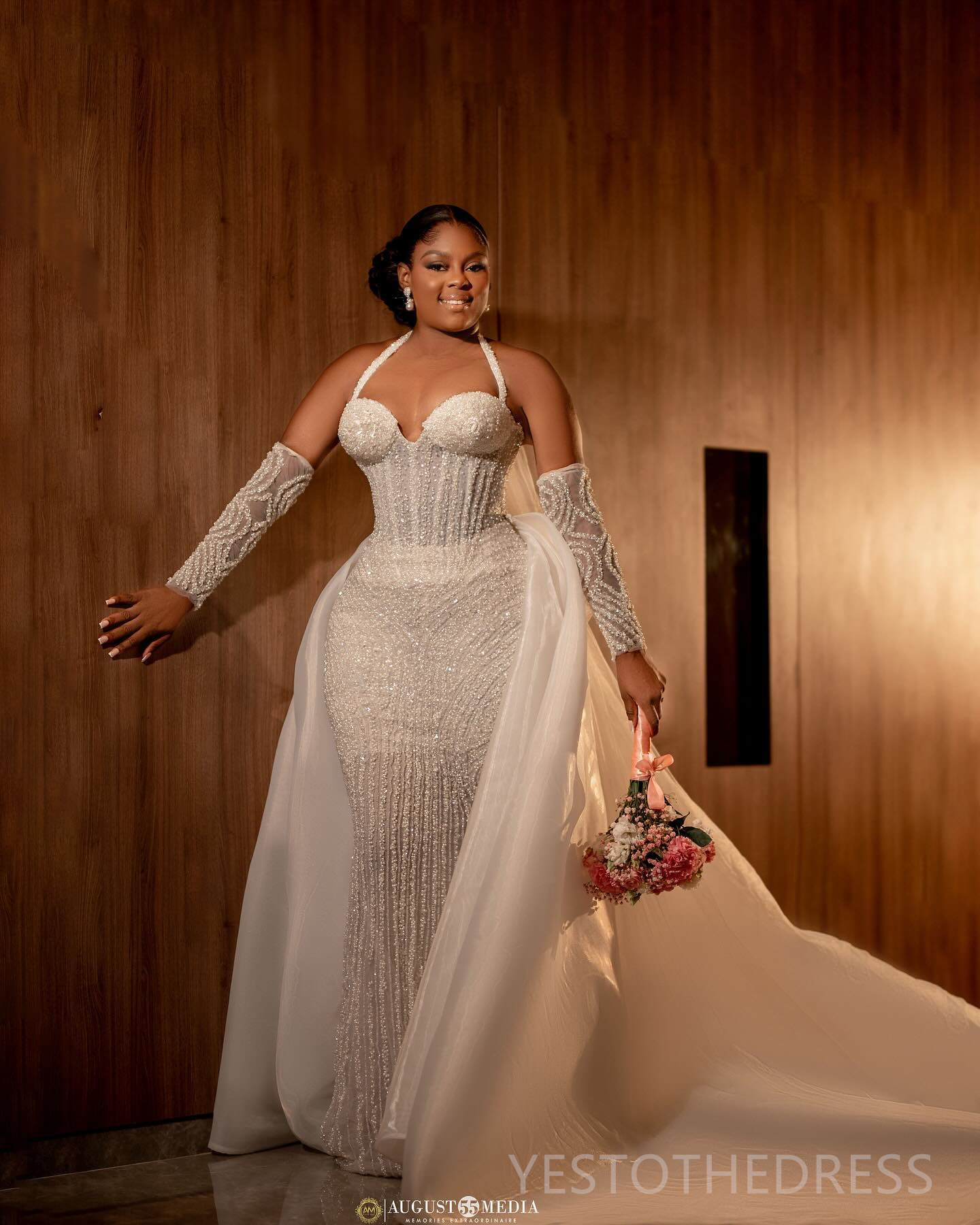 R&W 2024 Plus Size Bride With Detachable Train urious Mermaid Wedding Dress Bridal Gowns Halter Bead Lace Marriage Gown For African Black Women D309