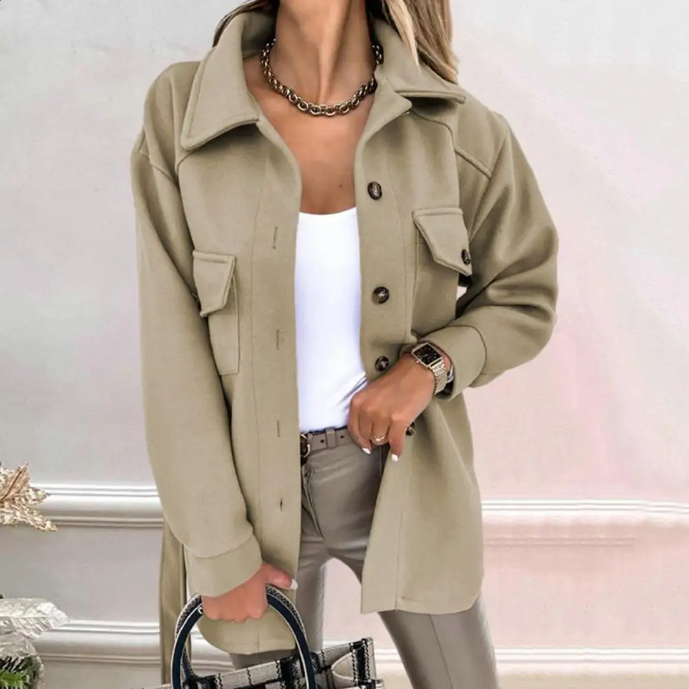 Womens coat autumn winter belt solid color wool coat button long sleeved thick warm womens jacket 240828