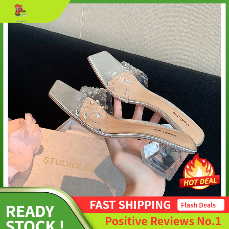 Ddmysports Grape Mom Thick Eel Square Ead Women S Spring And Summer Simple Crystal One Word Belt Cool Slippers For OUTDOOR