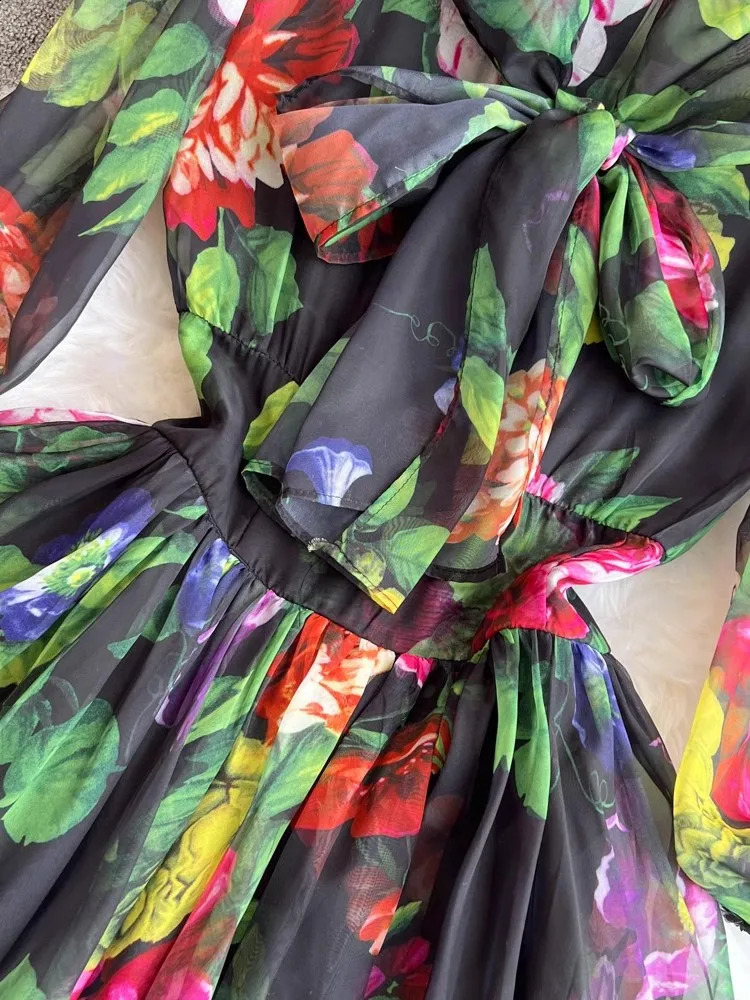 Autumn Holiday Gorgeous Flower Dress Womens Bow 13 Sleeve High Waist Printed Chiffon Long Vestidos 240828