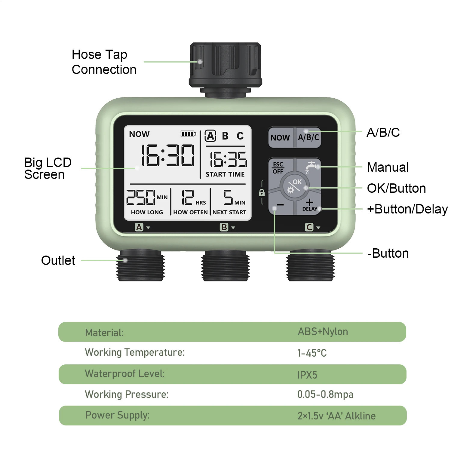 Eshico est 3-Outlet Water Timer Independent Control Program Digital Garden Sprinkler 240827CJ