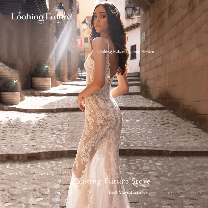 Wedding Lace Appliques Dresses For Woman Sexy Illusion V-Neck Spaghetti Straple Vintage Backless Button Bride Gown Dress 0218