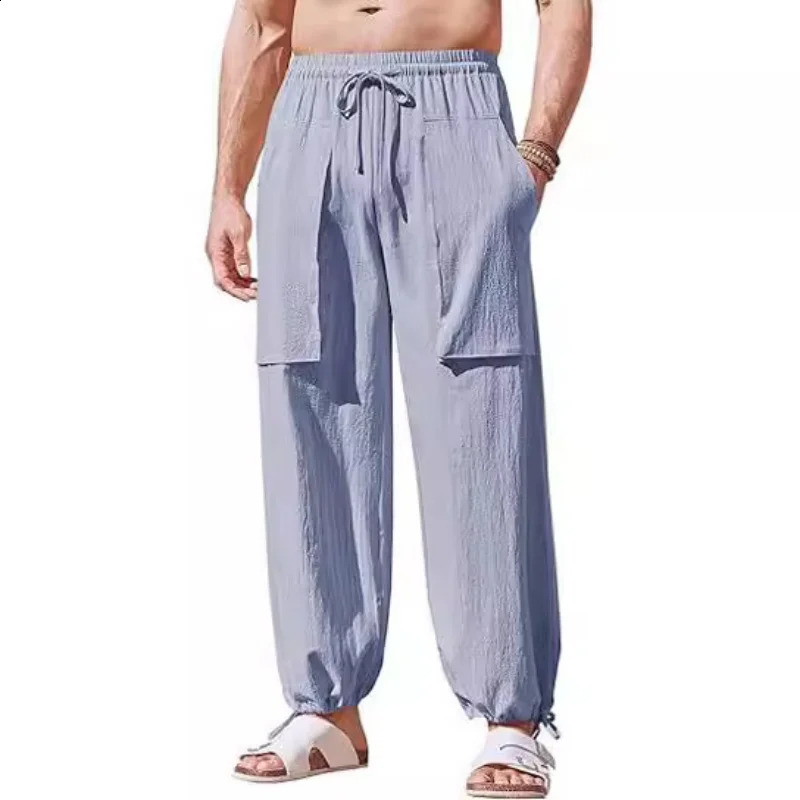 Mens summer linen loose drawstring long legs large-sized casual vacation pants thin straight leg pants 240828