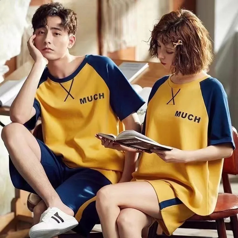 Cotton Couples Pajamas Set For Men Women Summer Short Sleeves Sleep Top Shorts Homewear Female Male Night Clothing hombre 240828