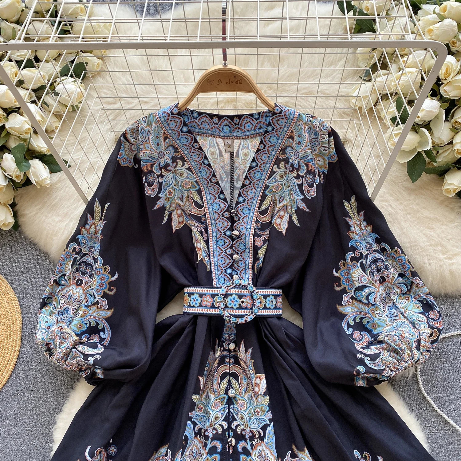French printed Vtie with puff sleeves long sleeved single chest dress Aline casual womens clothing autumn and spring Vestido 240828