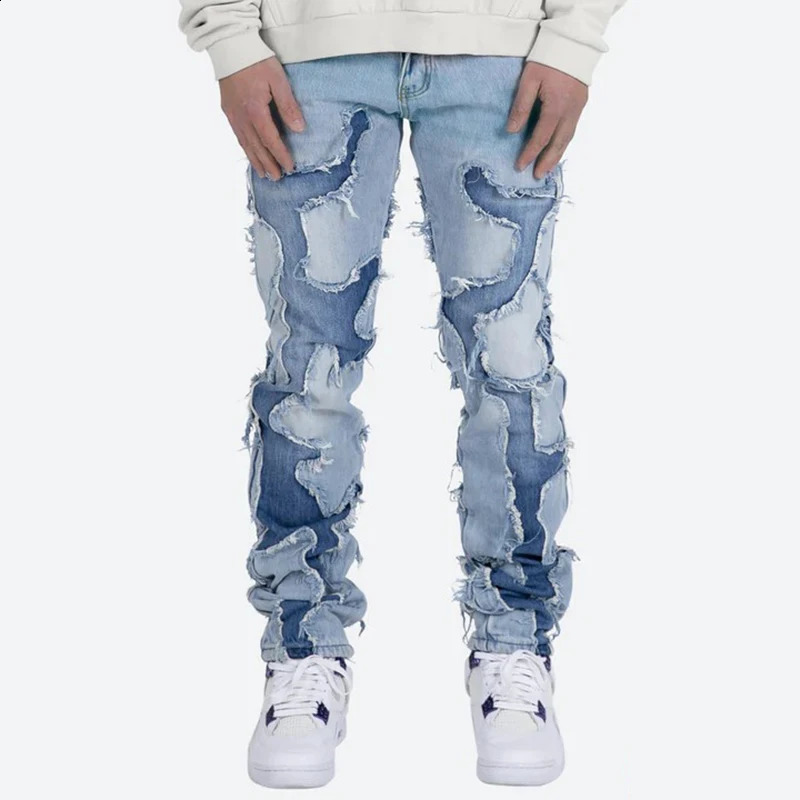 High Street Vibe Style Patchwork Frayed Jeans Pants for Men Retro Washed Hole Ripped Casual Loose Denim Trousers Oversized 240826Z