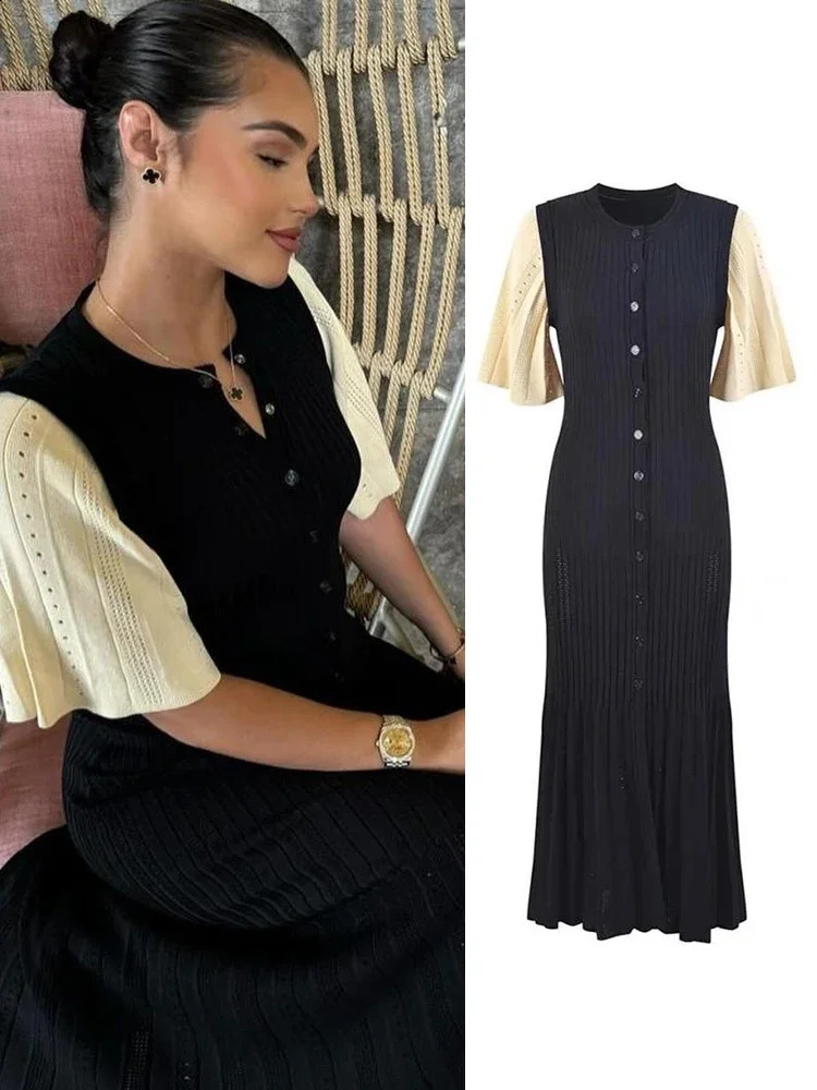 Lanjia- Chic Patchwork Knitted Maxi Dress For Women Elegant Short Sleeve Hollow Out Ribbed Long Dresses O-Neck High Waist Lady Knitwear 240828 B2306