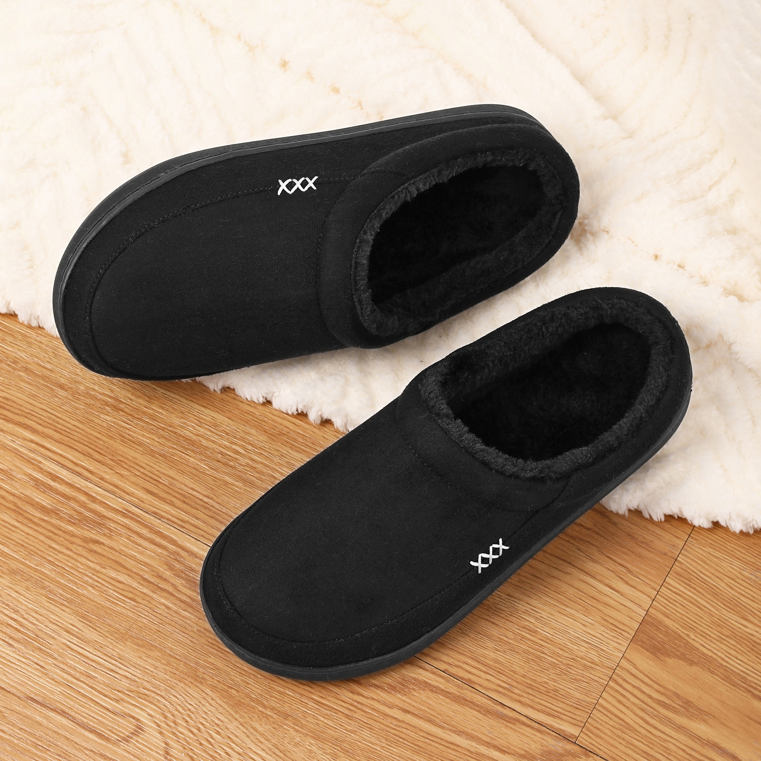 PLUS SIZE Mens Solid Ultra-Cozy House Slippers - Lightweight, Ventilated & Anti-Skid - Plush Fleece Lined Slip-ons for Effortless Indoor - Ideal for A