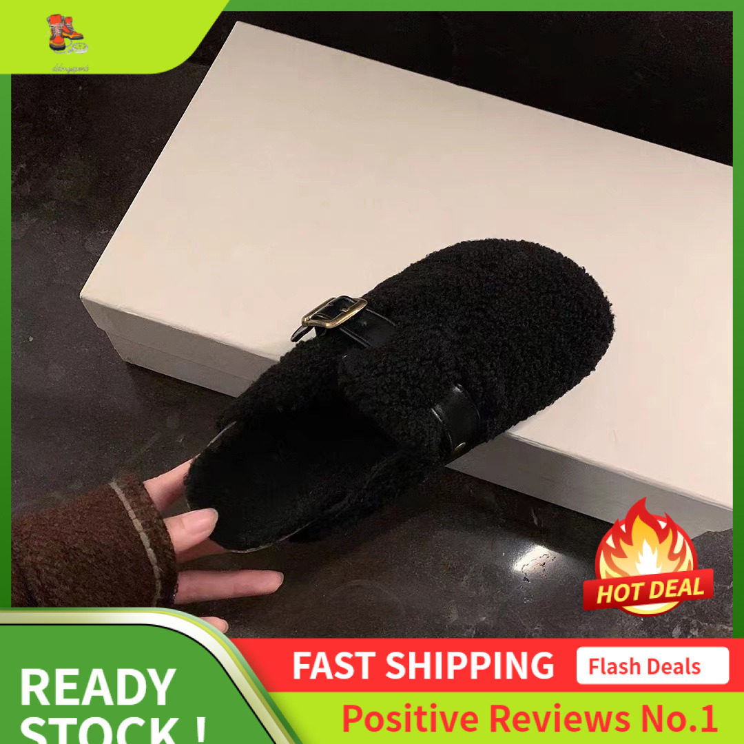 Ddmysports Su Yinyin S Autumn Winter Lamb Wool Thick Soled Boken Shoes With Belt Buckle And Fuzzy Fur Half Slippers For Women Outdoor Wear OUTDOOR