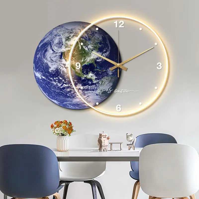 Wall Clocks Modern Moon Earth Model LED Light Silent Wall Clock for Living Room Bedroom Home Decor Gift R250325