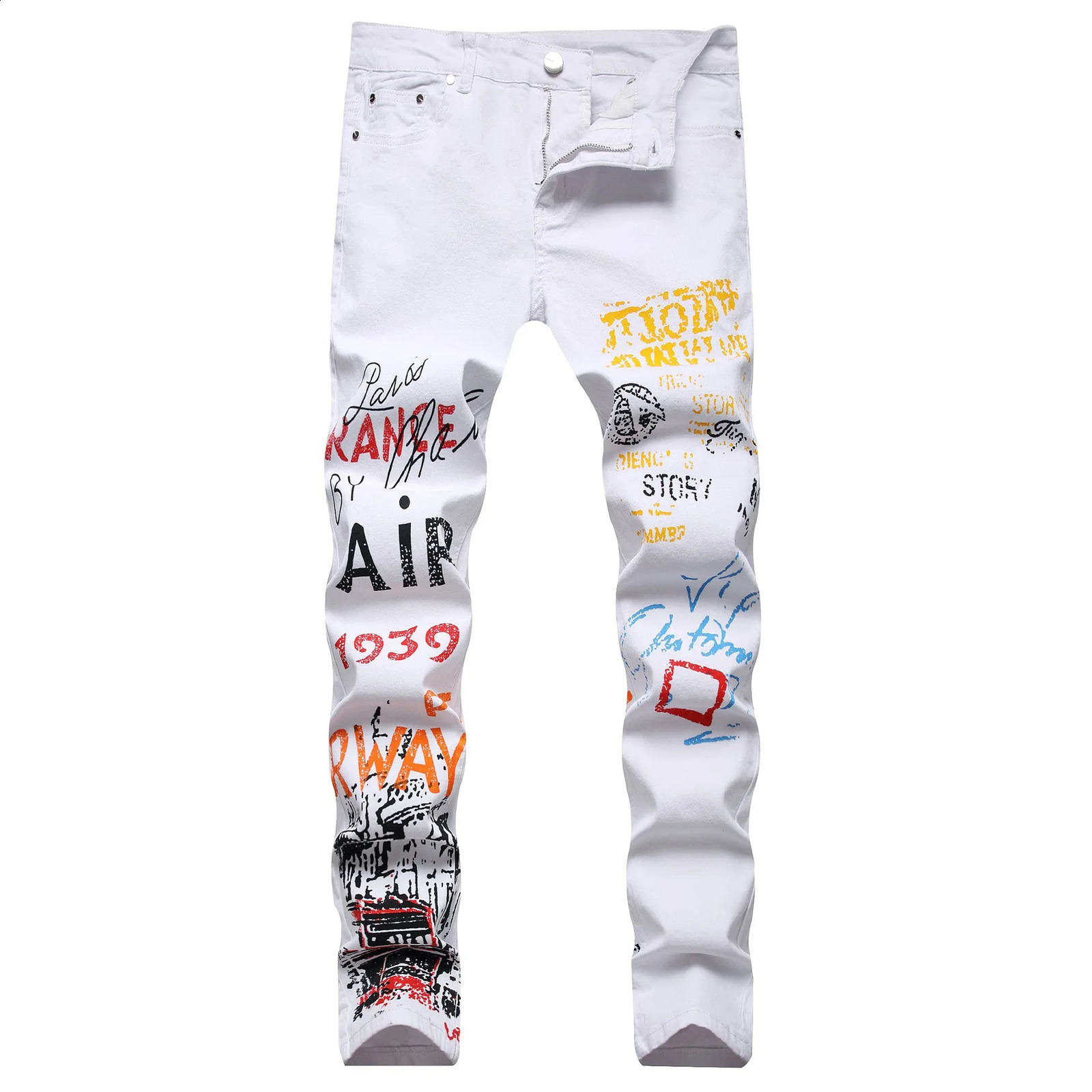 Mens fashion letter flame black printed jeans ultra-thin straight color painted elastic pants 240829