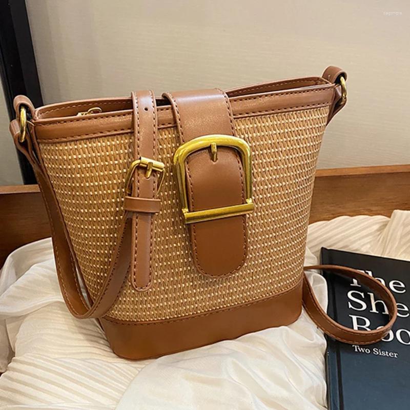 Bag Women Crochet Bucket Patchwork Daily Straw Adjustable Strap Crossbody Ladies Summer b49c
