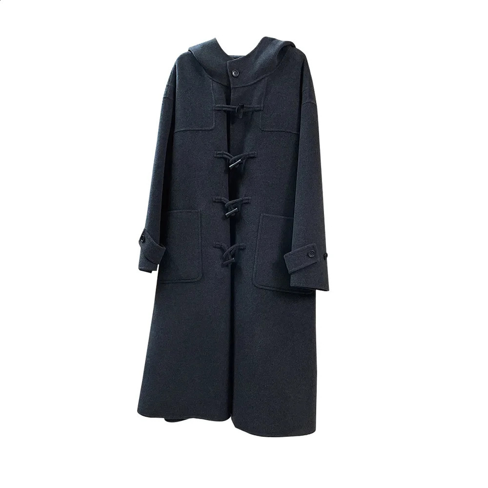 Winter Korean Retro Horn Button Double sided Wool Jacket Loose Fit Hoodie Casual Long Jacket 240828