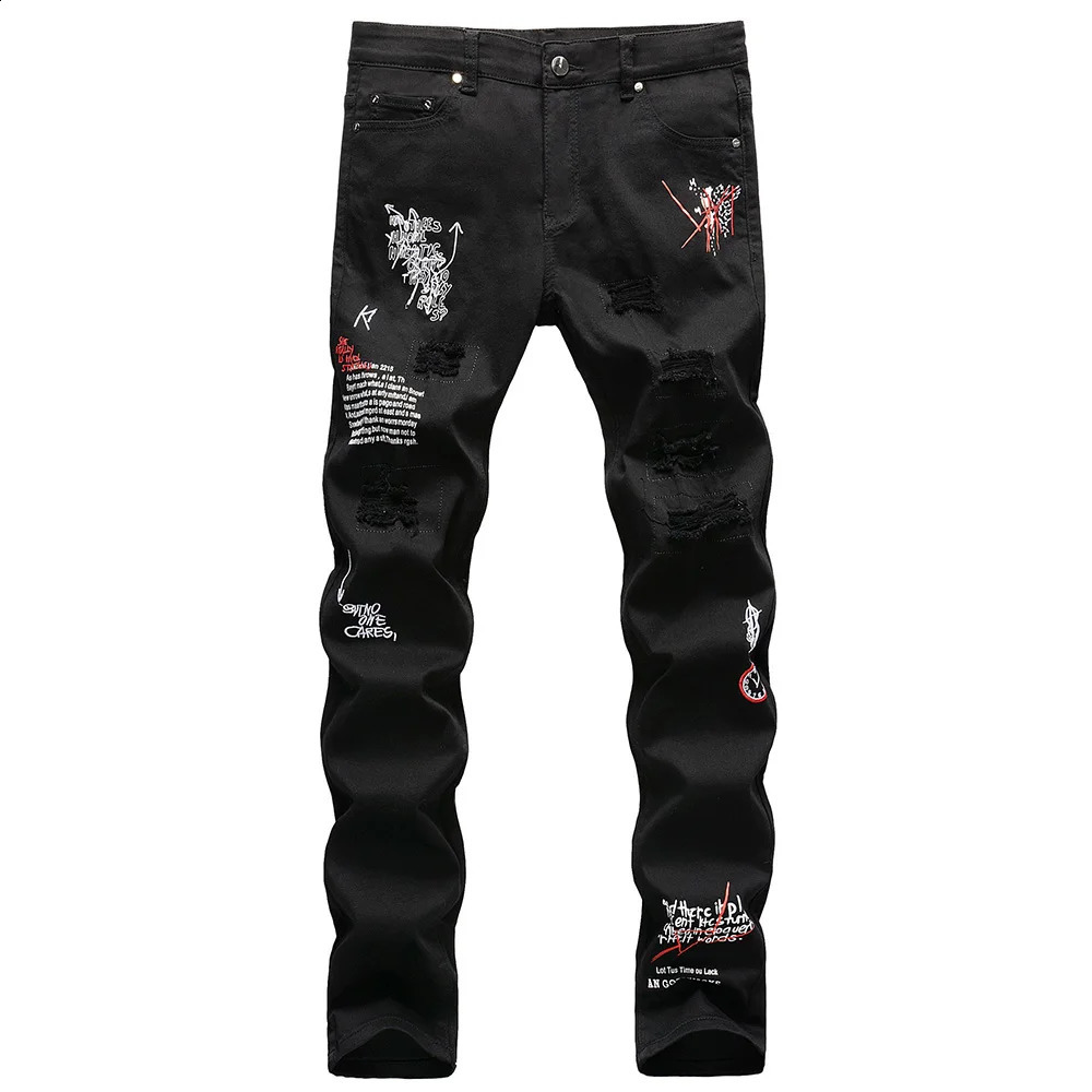 Mens letter embroidered printed jeans streetwear ultra-thin straight stretch jeans black and white holes ripped Trouser 240829