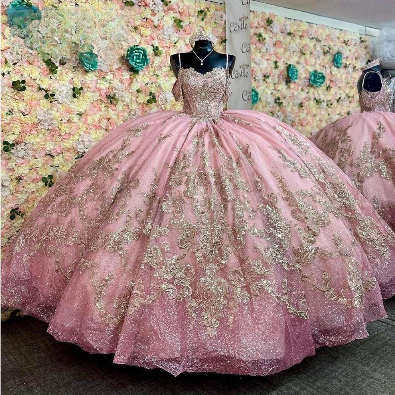 Pink Shiny Off The Shoulder Quinceanera Dresses Ball Gown Gold Appliques Lace Beading Crystal Sweet 16 Dress Vestidos 15 De XV Anos
