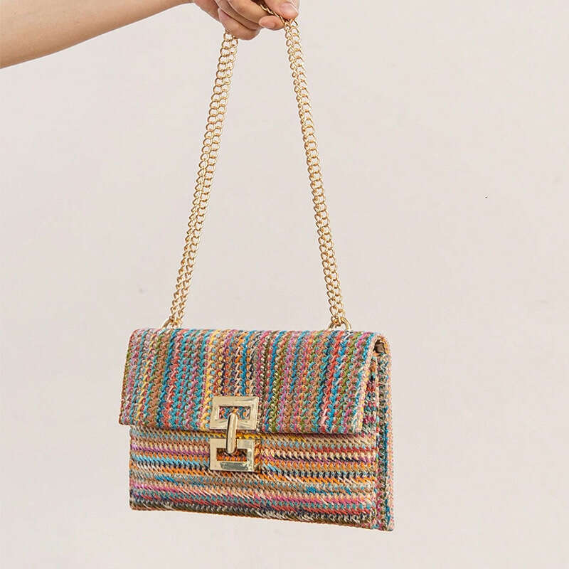 2024 Summer Straw for Women - Multilayer Chain Flip Lock Woven Beach Shoulder Bag 4 385ac