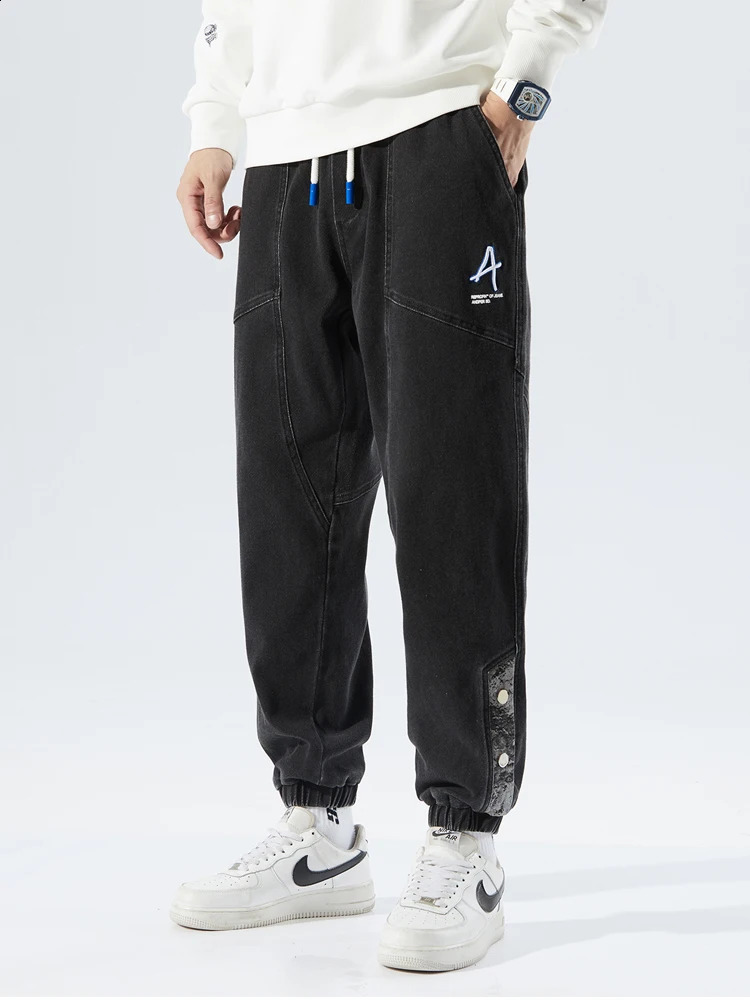 Spring and autumn plus size pocket jeans mens hip-hop streetwear harem pants fashionable embroidery elastic cotton casual jogging jeans 8XL 240829